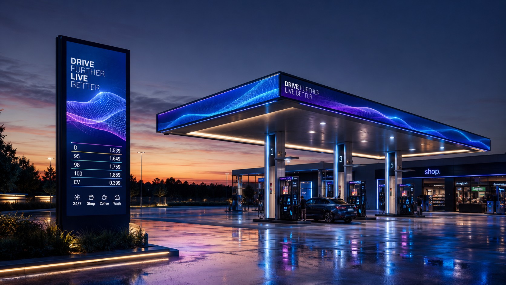 Estación de servicio moderna con pantallas LED, tótems y señalización digital