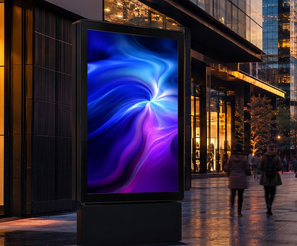 Detalle realista de un mupi digital de gran formato