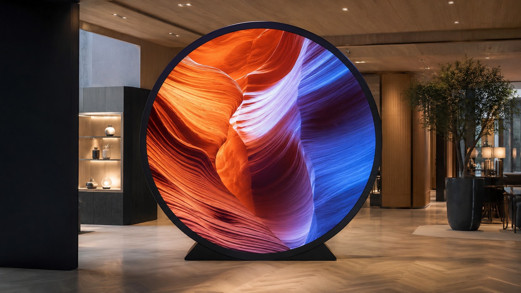 Pantalla LED circular integrada en un espacio premium